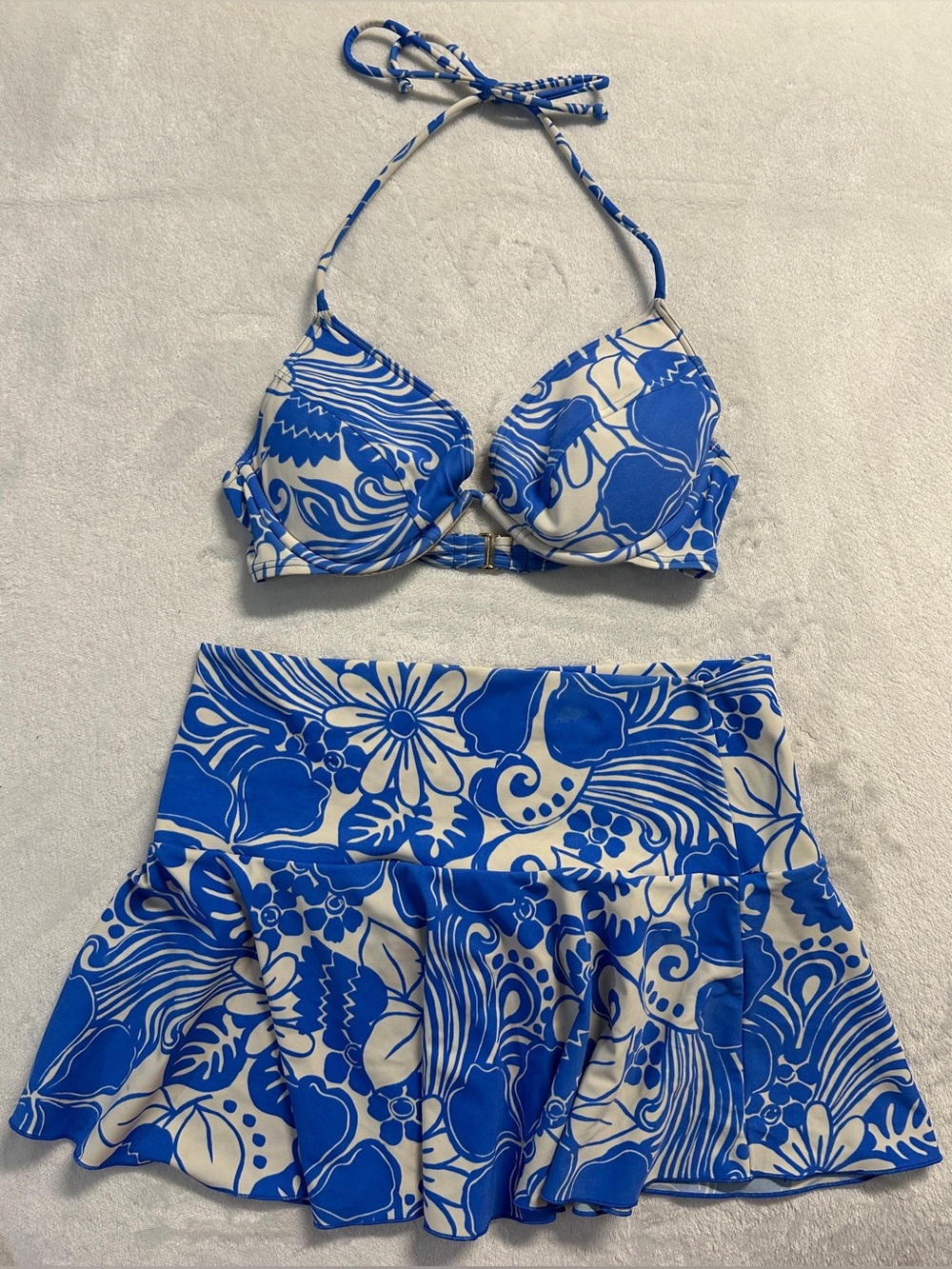 Y2K '05 VICTORIA'S SECRET women's 2pc white blue floral bikini skirt set, M.